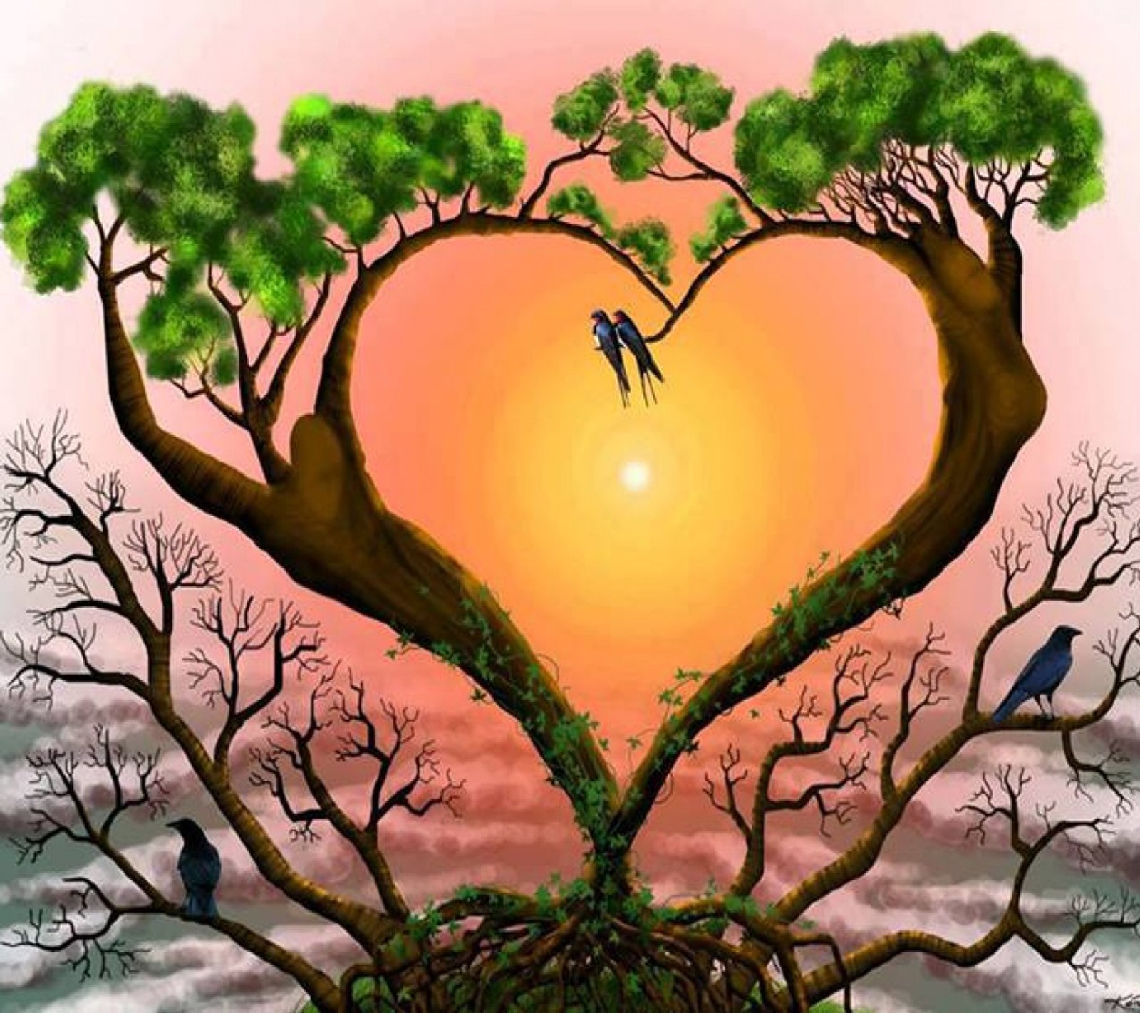 Painting of a heart shaped tree with birds in it (love is in, the air)