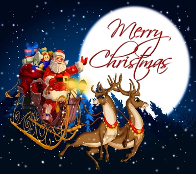 Festive Santa Claus in Sleigh with Reindeer and Christmas Wishes Under the Moon