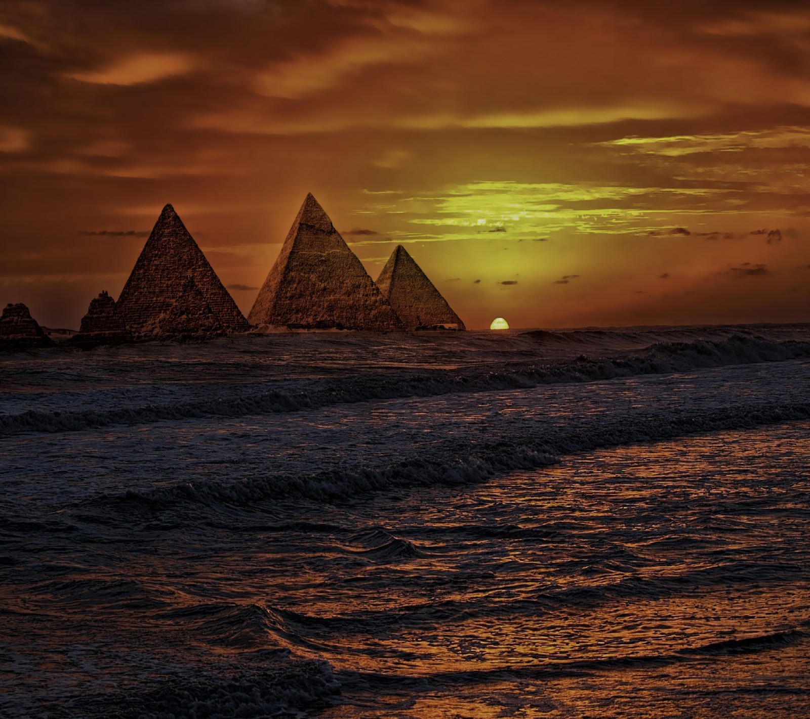 Arafed view of three pyramids in the distance with a sunset in the background (egypt, egyptian, ocean, pyramid, sea)