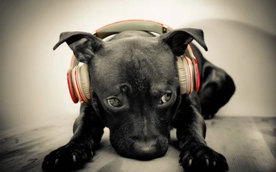 Perro genial con auriculares relajándose