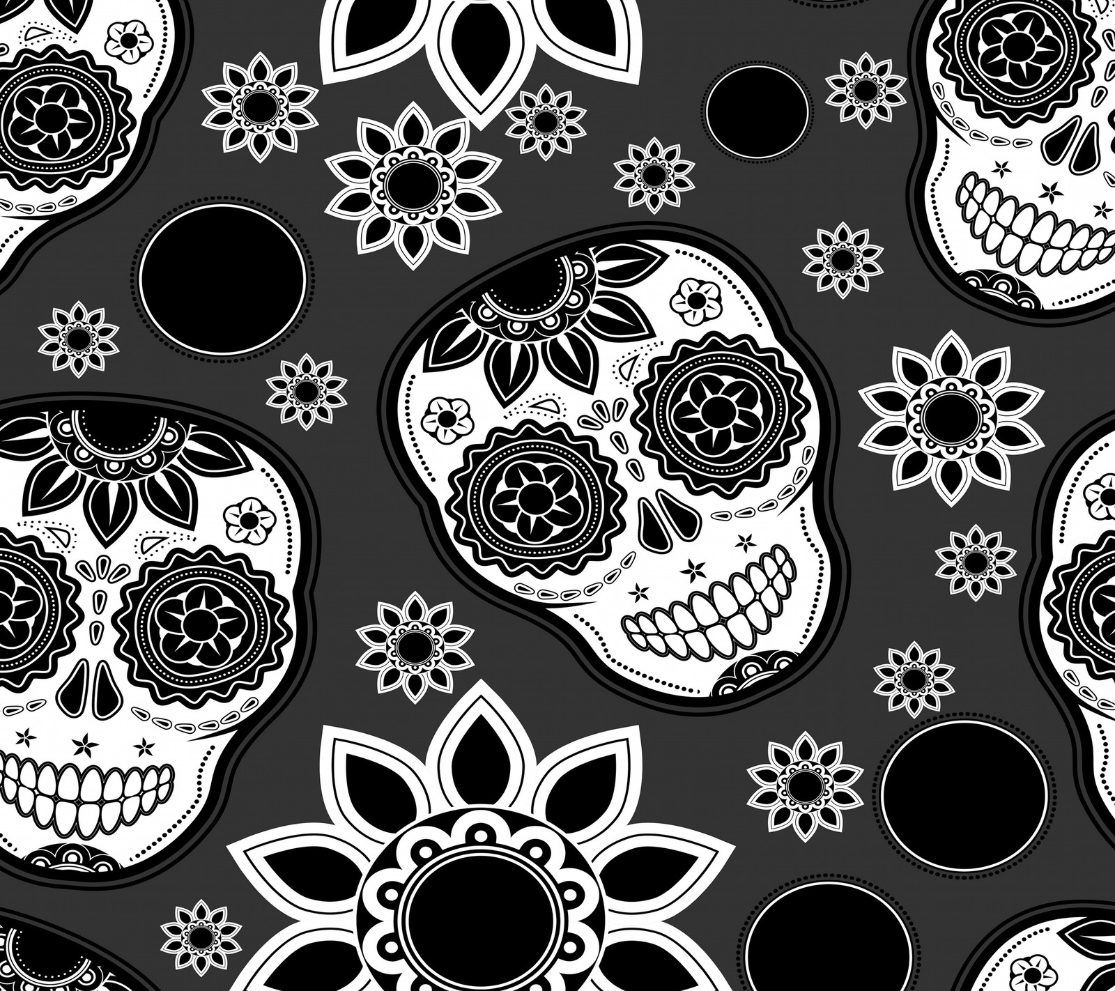 A black and white sugar skulls with flowers and dots (abstract, design, floral, flowers, skulls)