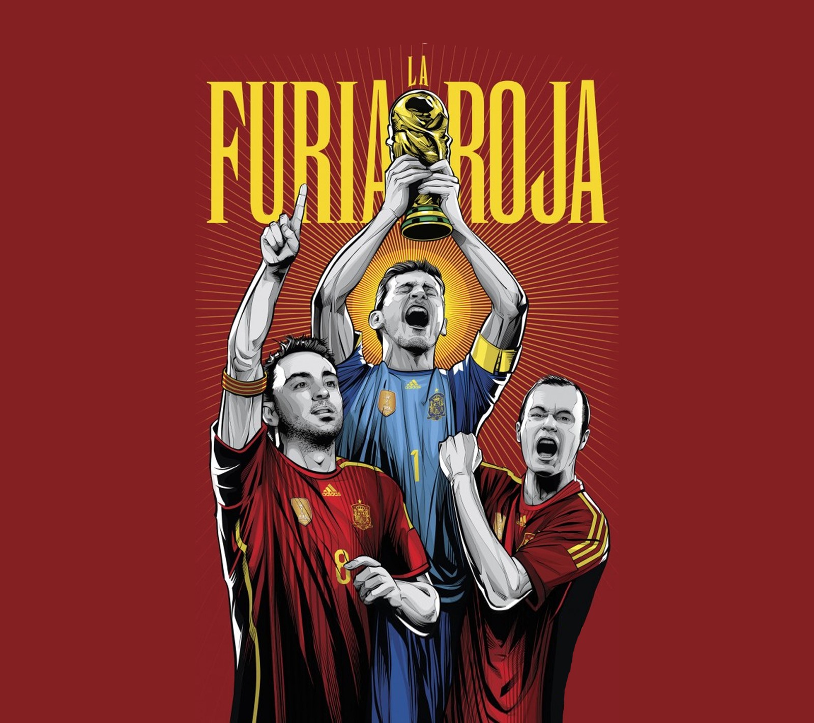 A poster of a group of soccer players holding a trophy (2014, espana, fifa, la furia, la roja)