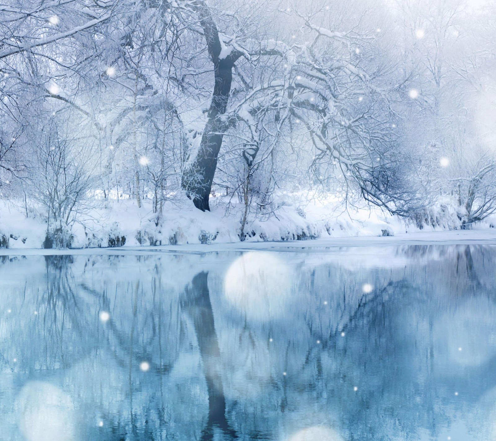 Snowy scene of a lake with a tree and snow covered branches (hd, samsung galaxy s4, wallpaper)