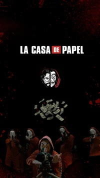 Cena icônica de "La Casa de Papel" com máscaras de assaltantes e dinheiro