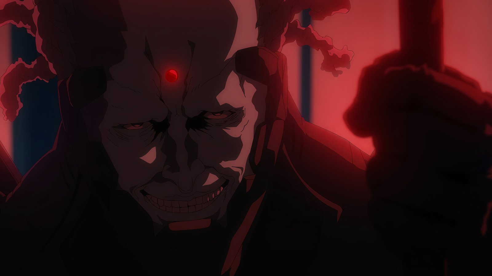 A close up of a person with a red eye and a gun (ninja kamui, anime)