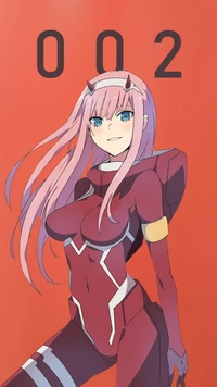 Cero Dos de "Darling in the Franxx" en una pose impactante contra un fondo rojo audaz, mostrando su diseño icónico y expresión confiada.