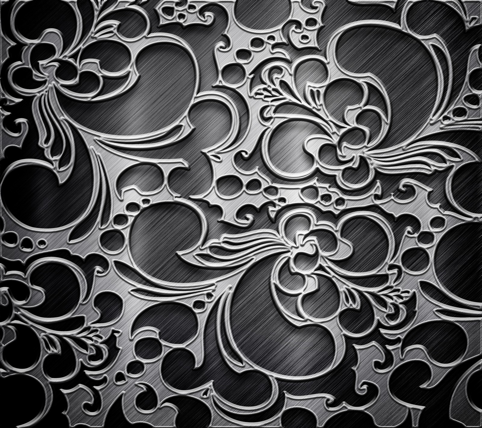 A black and white photo of a metal background with flowers (black grey, carved txture)