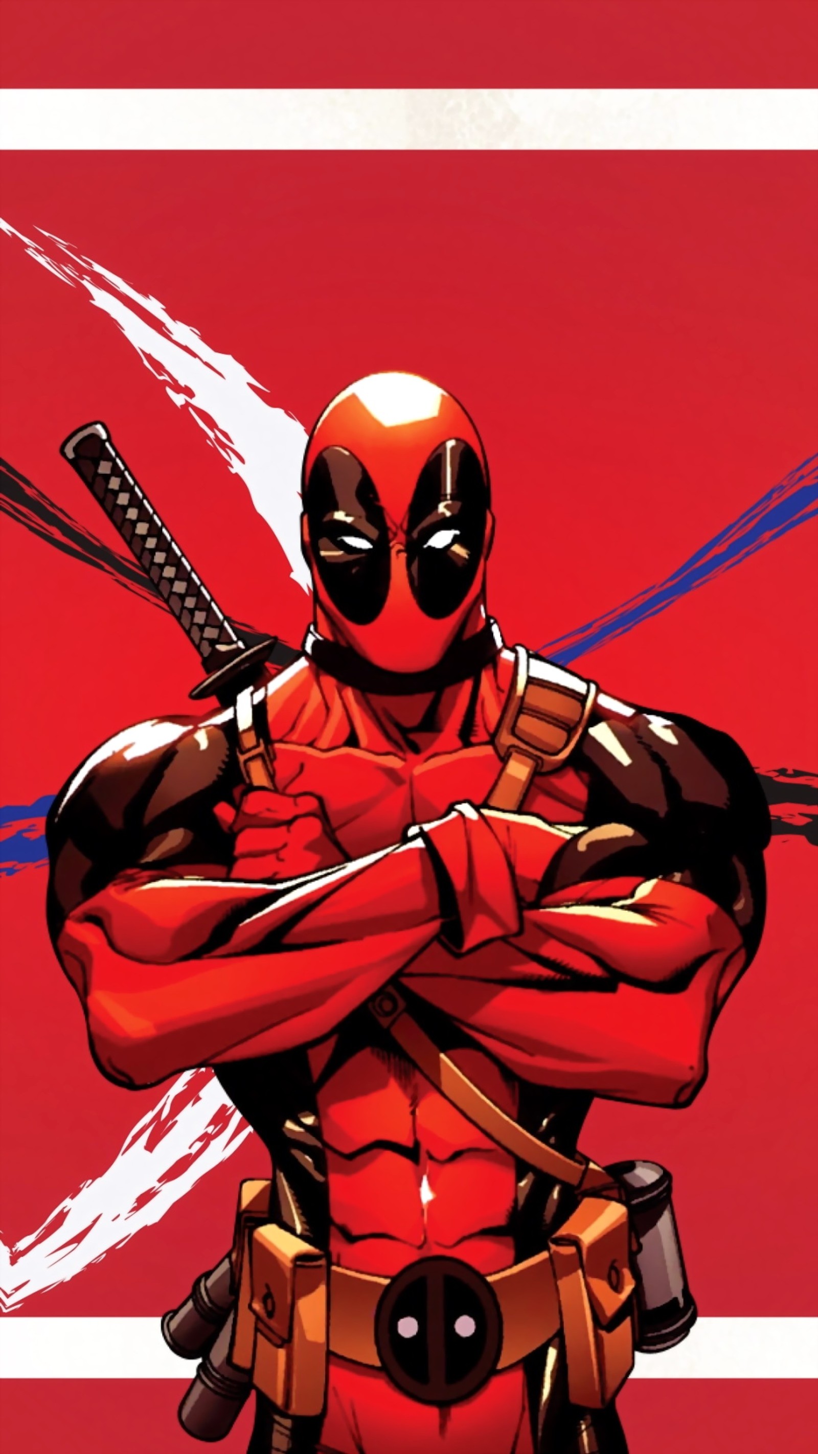 Deadpool está de pie con los brazos cruzados sosteniendo dos bates de béisbol (arte, diseño, pintura)