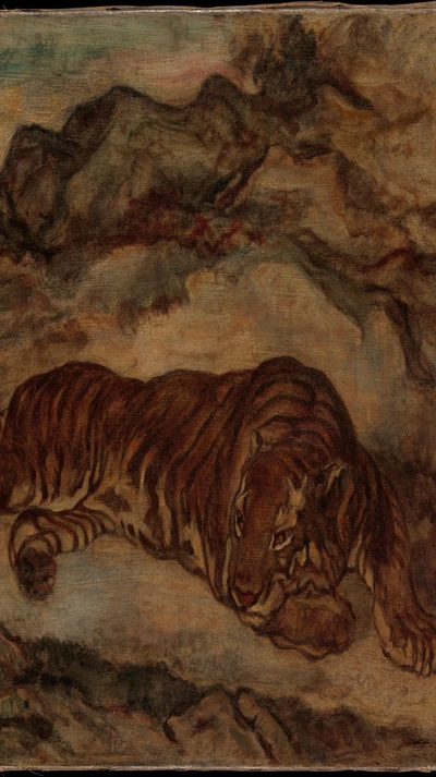 Tigre majestoso descansando em terreno rochoso - pintura a óleo francesa em tela