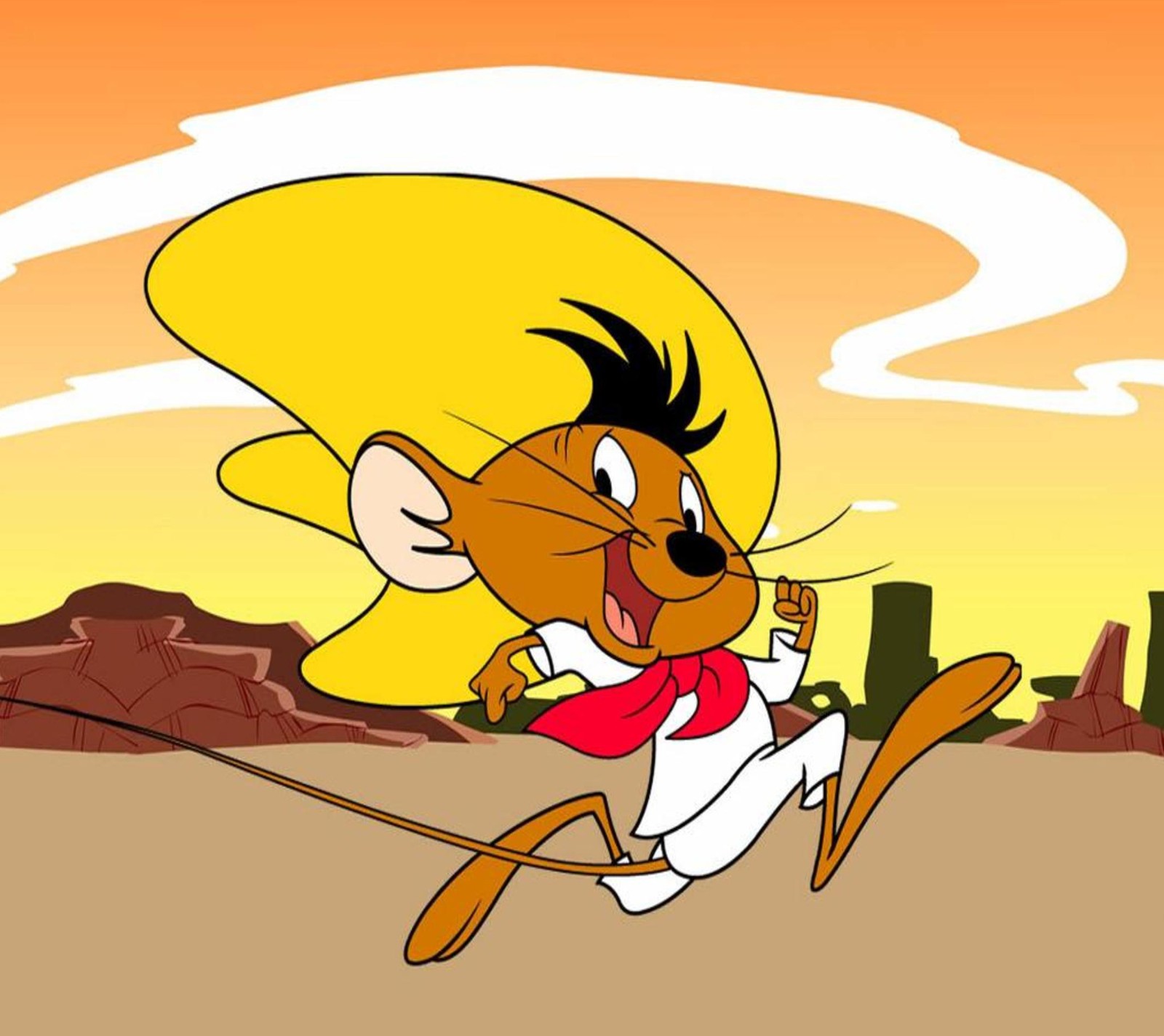 Personaje de dibujos animados corriendo en el desierto con un sombrero amarillo (dibujos animados, speedy gonzales)