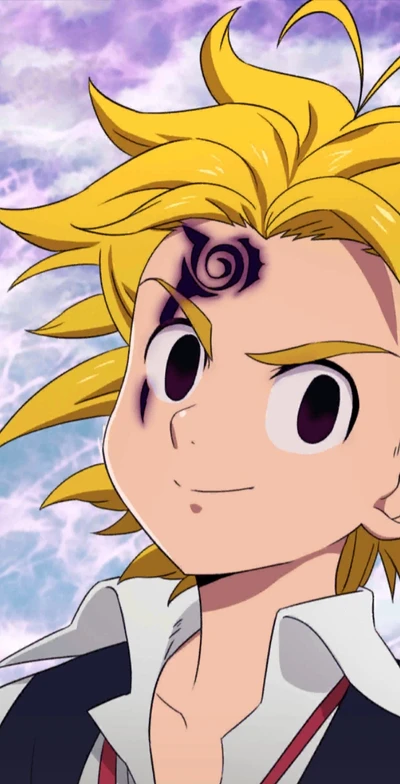 Meliodas des Sept Péchés Capitaux avec un sourire confiant et une marque en spirale distinctive sur son front.