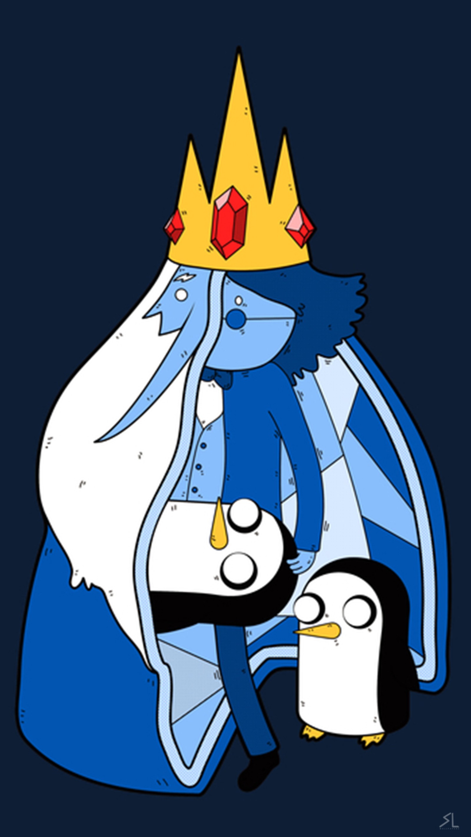 Un pingouin de dessin animé avec une couronne assis sur les genoux d'un autre pingouin (adventure time, bleu, cn, finn, hd)