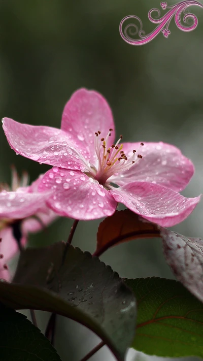 Pink Apple Blossom with Dew Drops in Spring