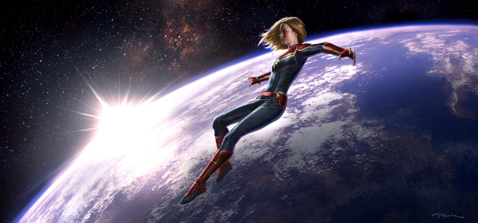 Capitana marvel volando sobre la tierra en el cielo (capitana marvel, captain marvel, carol danvers, estudios marvel, marvel studios)