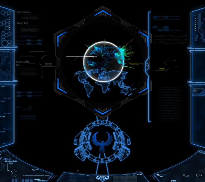 Um close de uma interface futurista com uma luz azul (relatório, status)