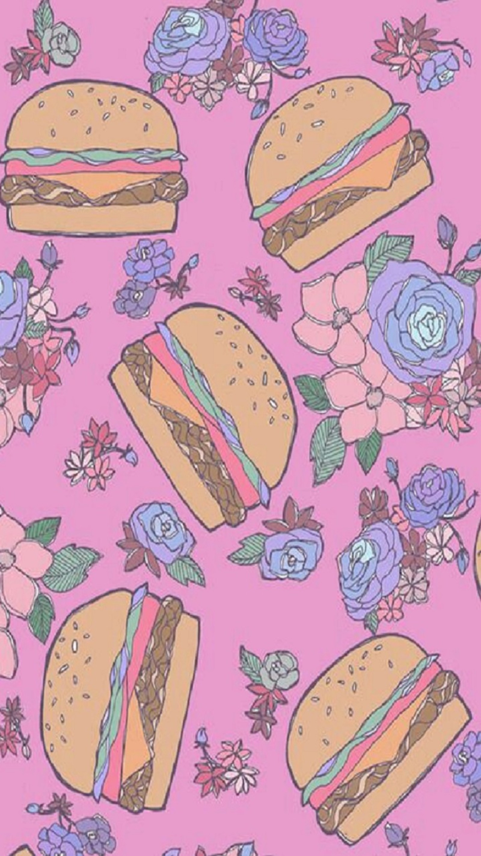 Un fondo rosa con un montón de sándwiches y flores (comida, flores, hamburguesas, rosa)