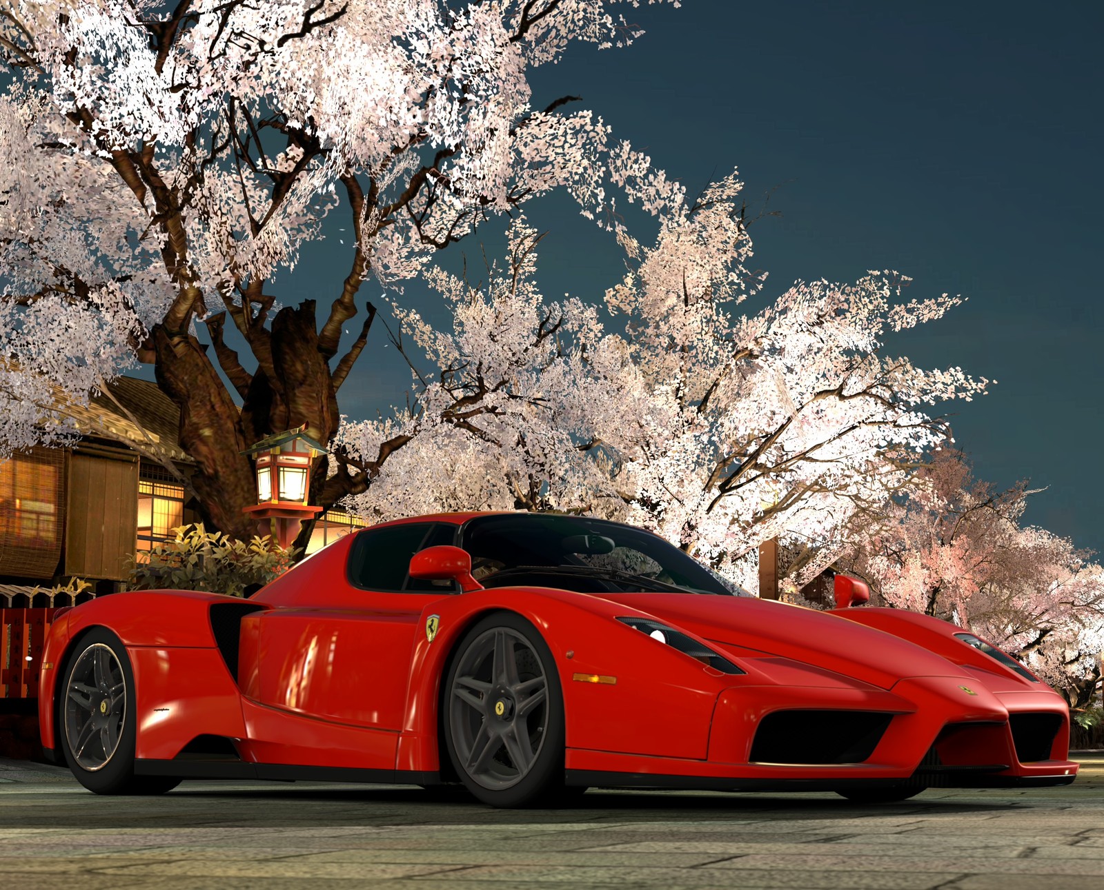 A close up of a red sports car parked in front of a tree (auto, enzo, ferrari, game, gt5)