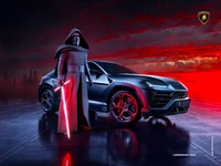 Kylo Ren steht neben einem Lamborghini Urus vor einem lebhaften roten CGI-Hintergrund