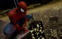 Spider-Man perched on a skyscraper overlooking a city at night, embodying the essence of a superhero in action.