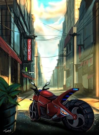 Urban Adventure: A Futuristic Motorcycle in a City Alley