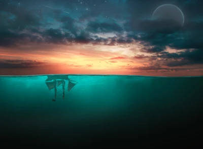 Surreal Ship Reflection Under a Starry Sky at Sunset