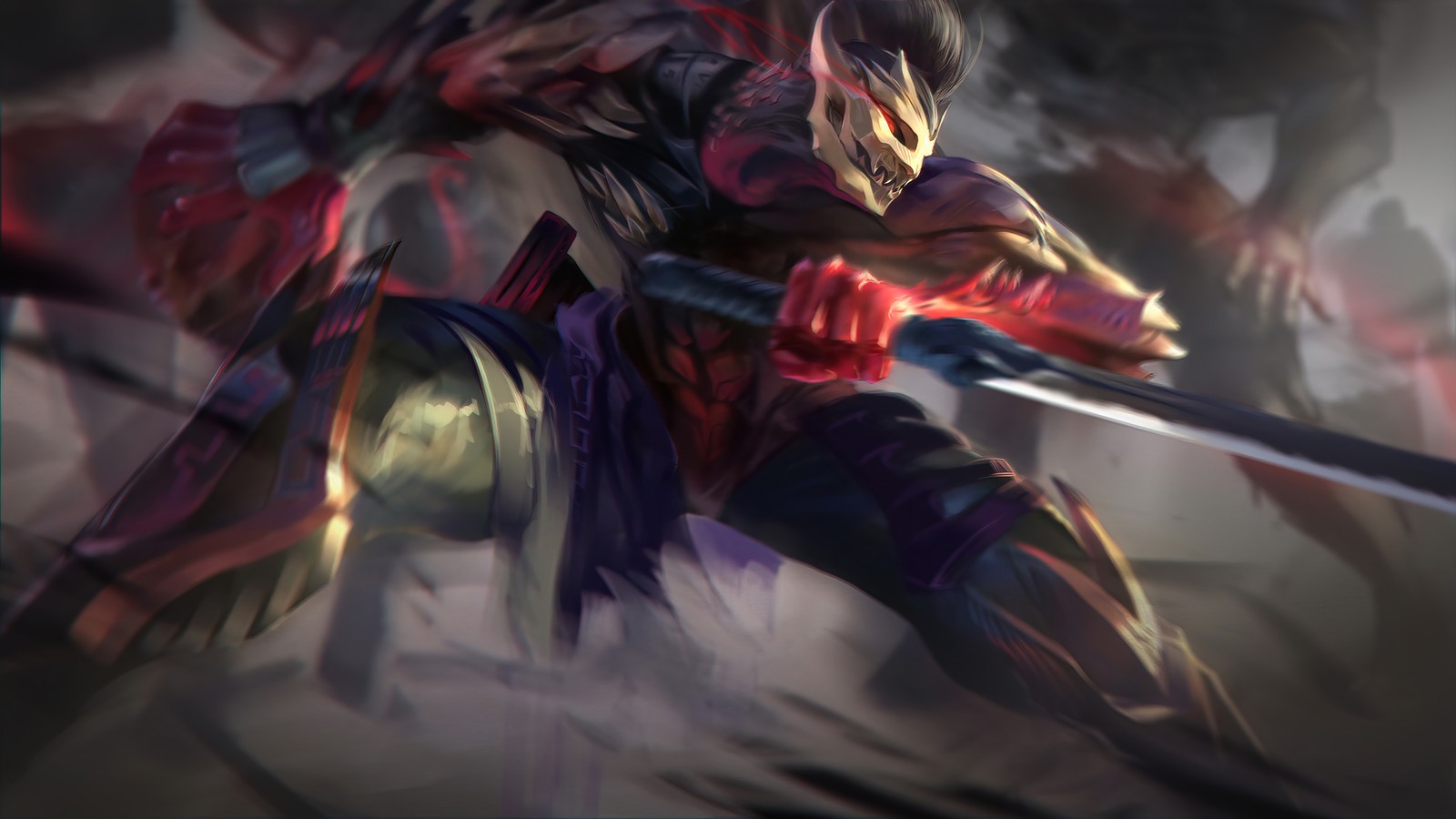 Крупный план человека, держащего меч в темной комнате (демон, yasuo, lol, league of legends, видеоигра)