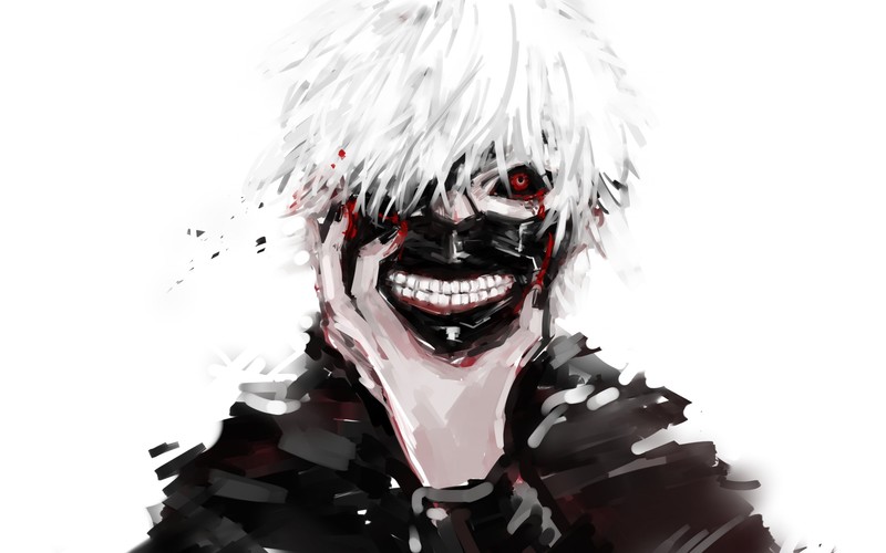 Крупный план человека с жутким лицом и улыбкой (токийский гуль, tokyo ghoul, аниме, anime, иллюстрация)