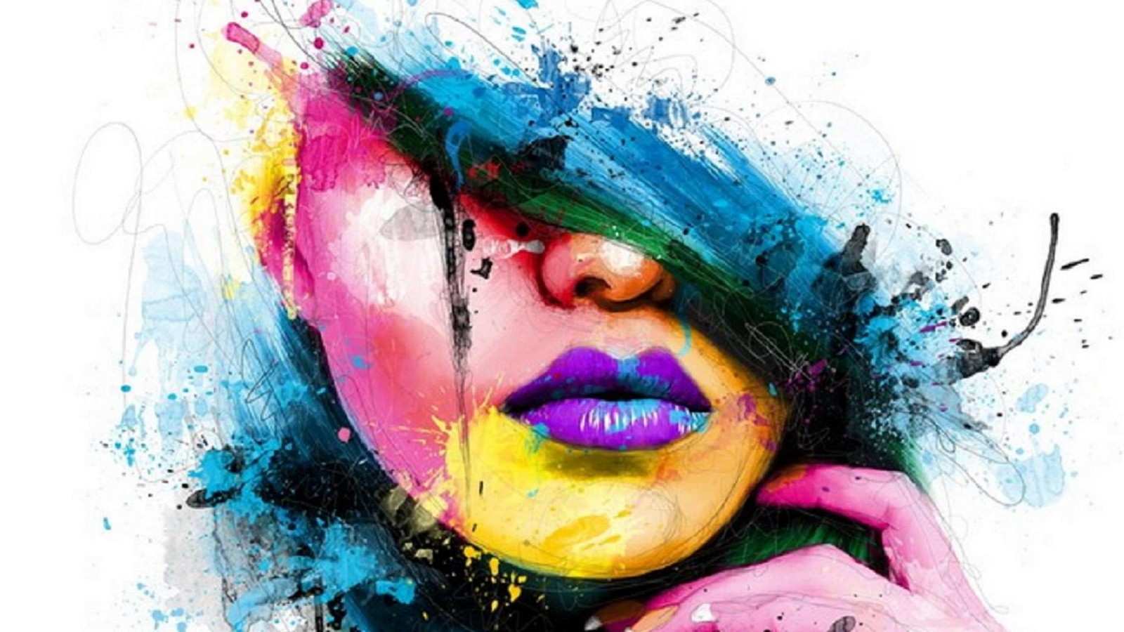 A painting of a woman with colorful makeup and a hat (painting, abstract art, oil painting, art, modern art)