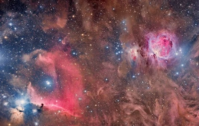 Una vista impresionante de la Nebulosa de la Cabeza de Caballo y la Nebulosa de Orión, que muestra colores vibrantes y estructuras intrincadas en el cosmos, rodeada de innumerables estrellas.