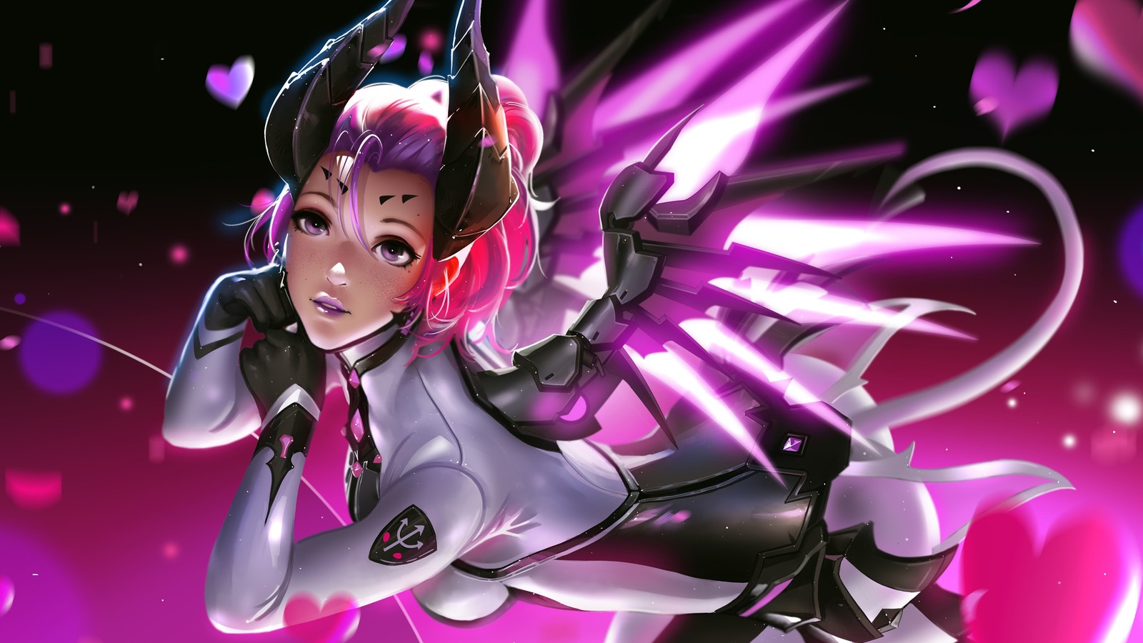 Une femme dans une tenue futuriste avec des cheveux roses et une épée (miséricorde, overwatch, jeu vidéo)