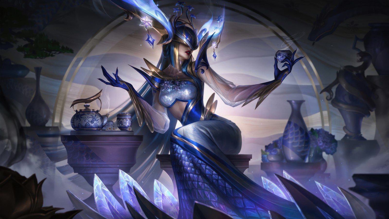 Una mujer con un vestido azul sosteniendo un cristal azul (porcelana, lissandra, edición de prestigio, league of legends, videojuego)