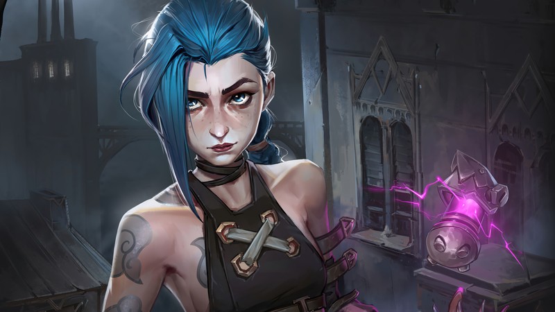 Женщина с синими волосами и синим топом держит меч (джинкс, jinx, lol, league of legends, видеоигра)