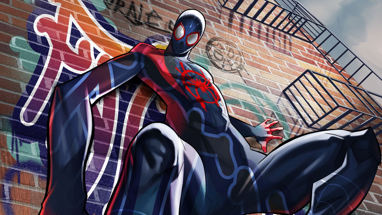 Spider-man assis sur un rebord devant un mur de graffiti (dessin, miles morales, spider man, illustration, art)