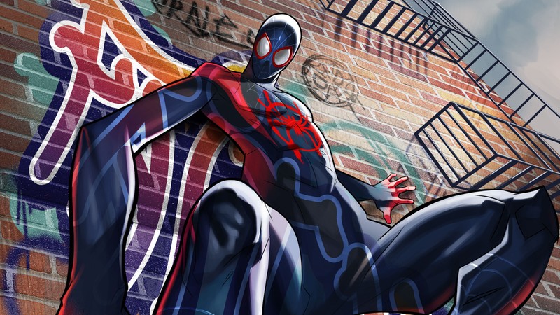 Человек-паук сидит на выступе перед граффити (рисунок, майлз моралес, miles morales, spider man, иллюстрация)