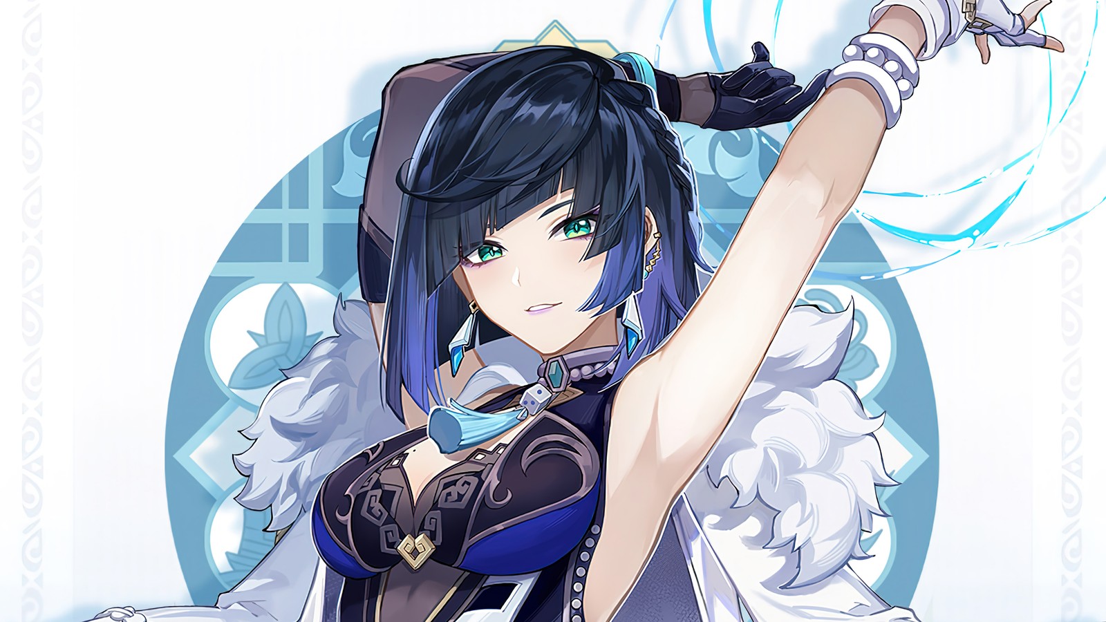 Anime girl with black hair and blue eyes holding a sword (yelan, genshin impact, video game)