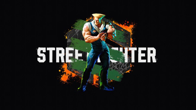 Мужчина с бензопилой перед логотипом уличного бойца (гайл, guile, street fighter 6, s56, видеоигра)