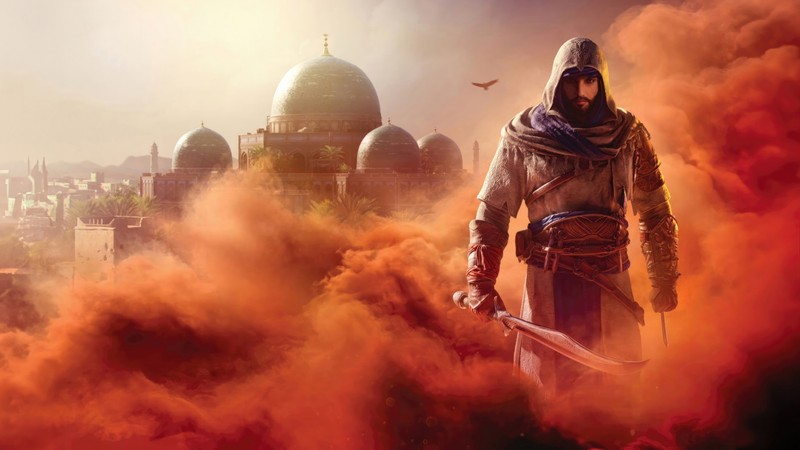 Мужчина в капюшоне стоит перед городом (басим, basim, assassins creed mirage, видеоигра, ассасинс крид)