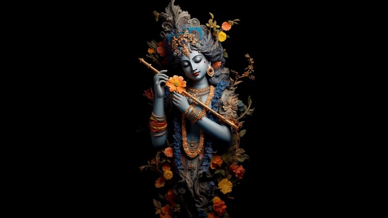 Крупный план статуи женщины, держащей флейту (лорда кришна, lord krishna, искусство ии, ai art, черный фон)