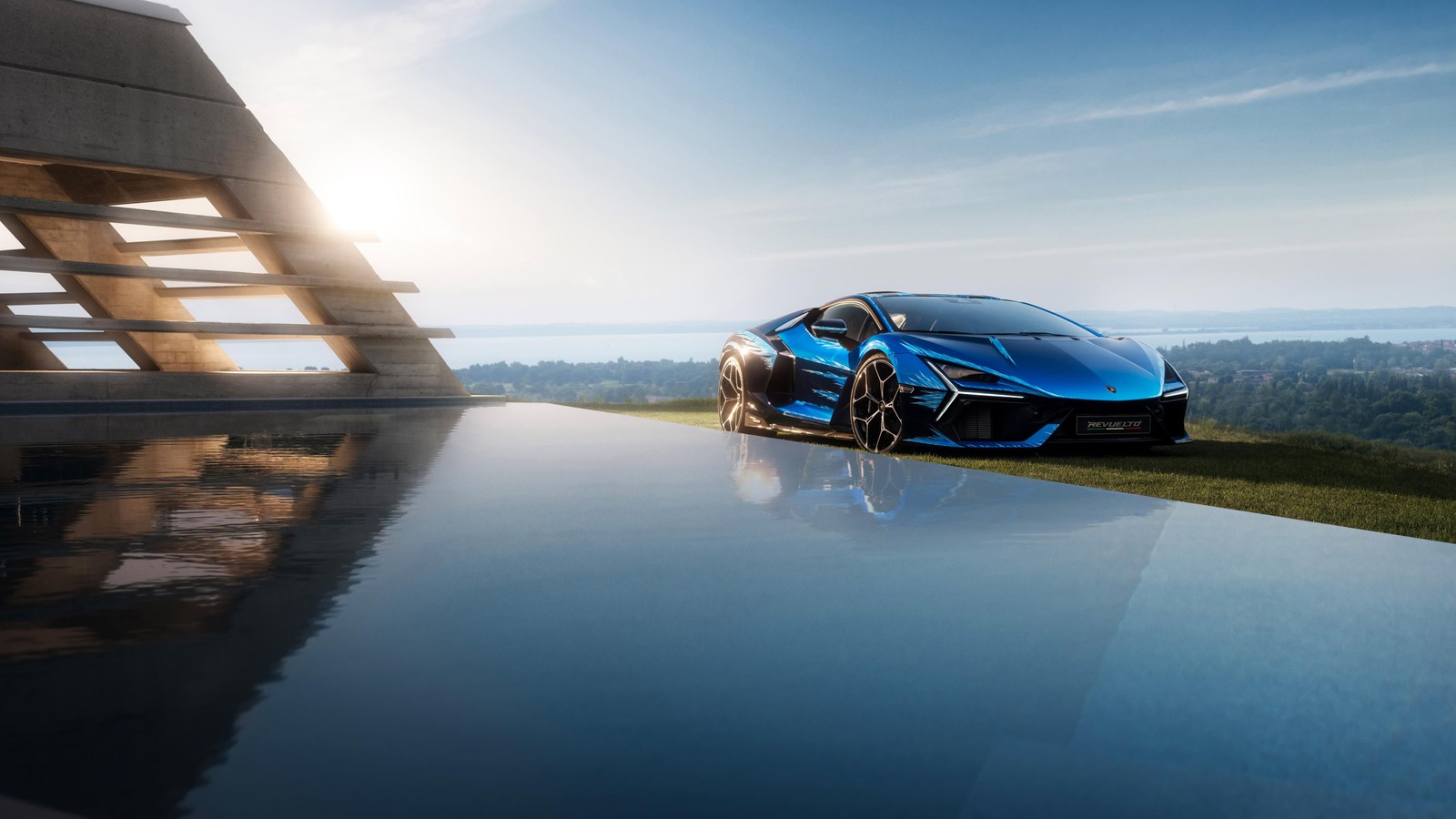 A blue sports car parked on a hill next to a pool (lamborghini revuelto opera unica, 5k, 2024, 8k, cars)