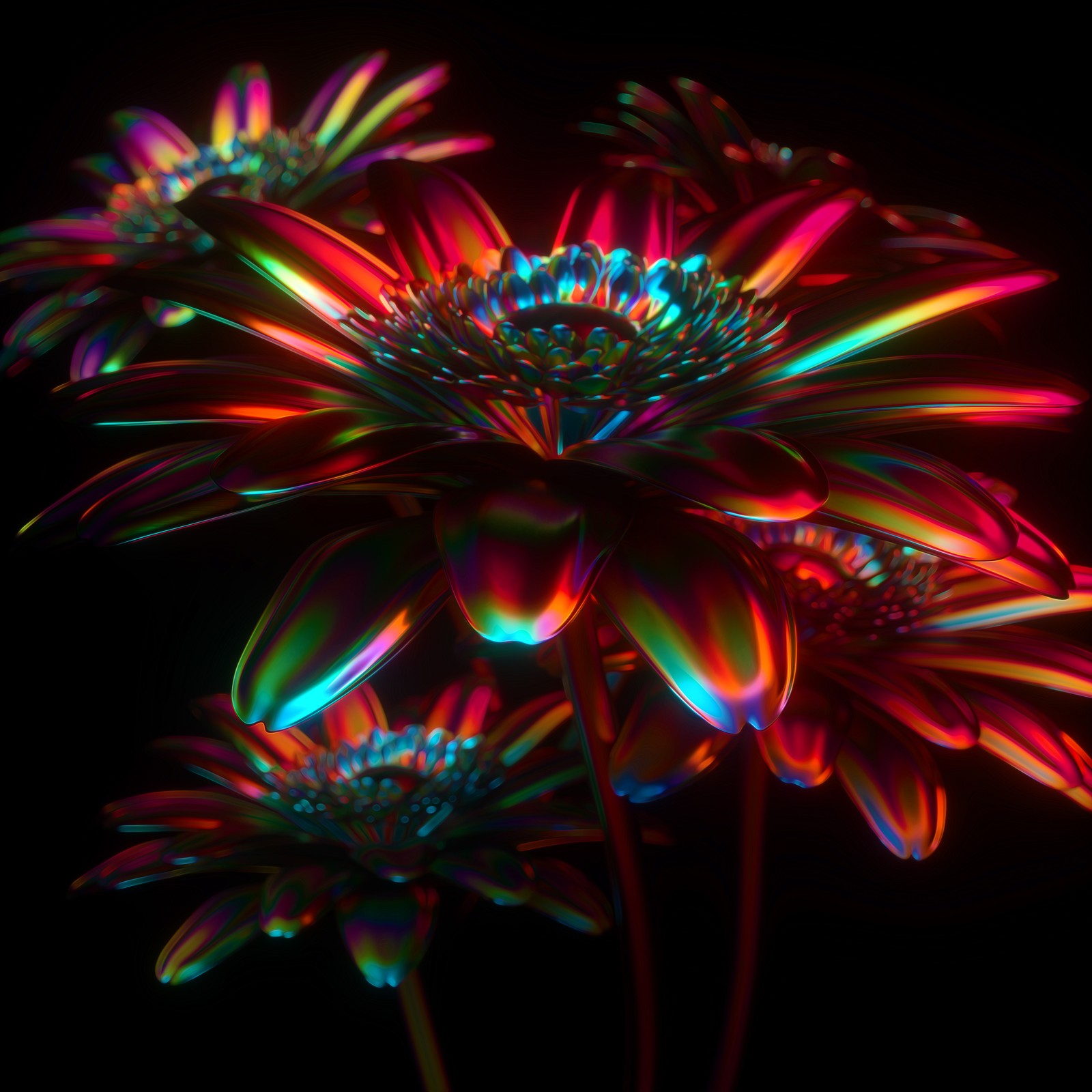 Helle farben blumen sind in der dunkelheit beleuchtet (digitale blume, 3d modell, neon, cgi, cyberpunk)