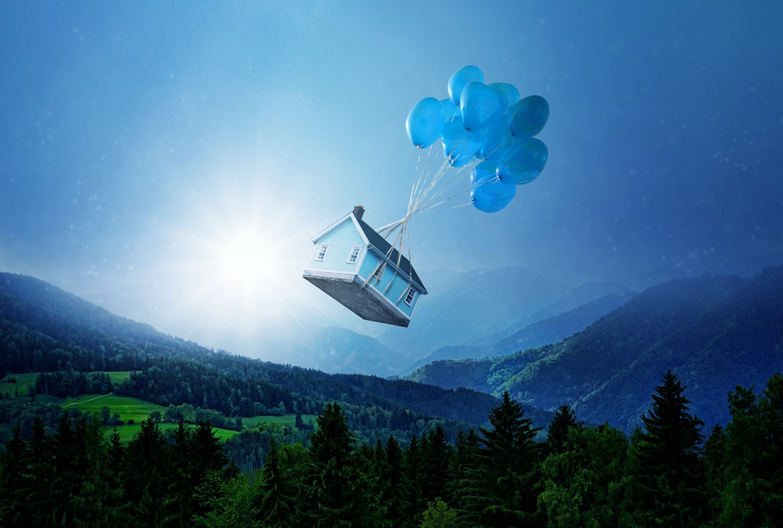 Arafed man flying in a glass box with balloons in the air (hill station, hot air balloon, cloud, alps, house)