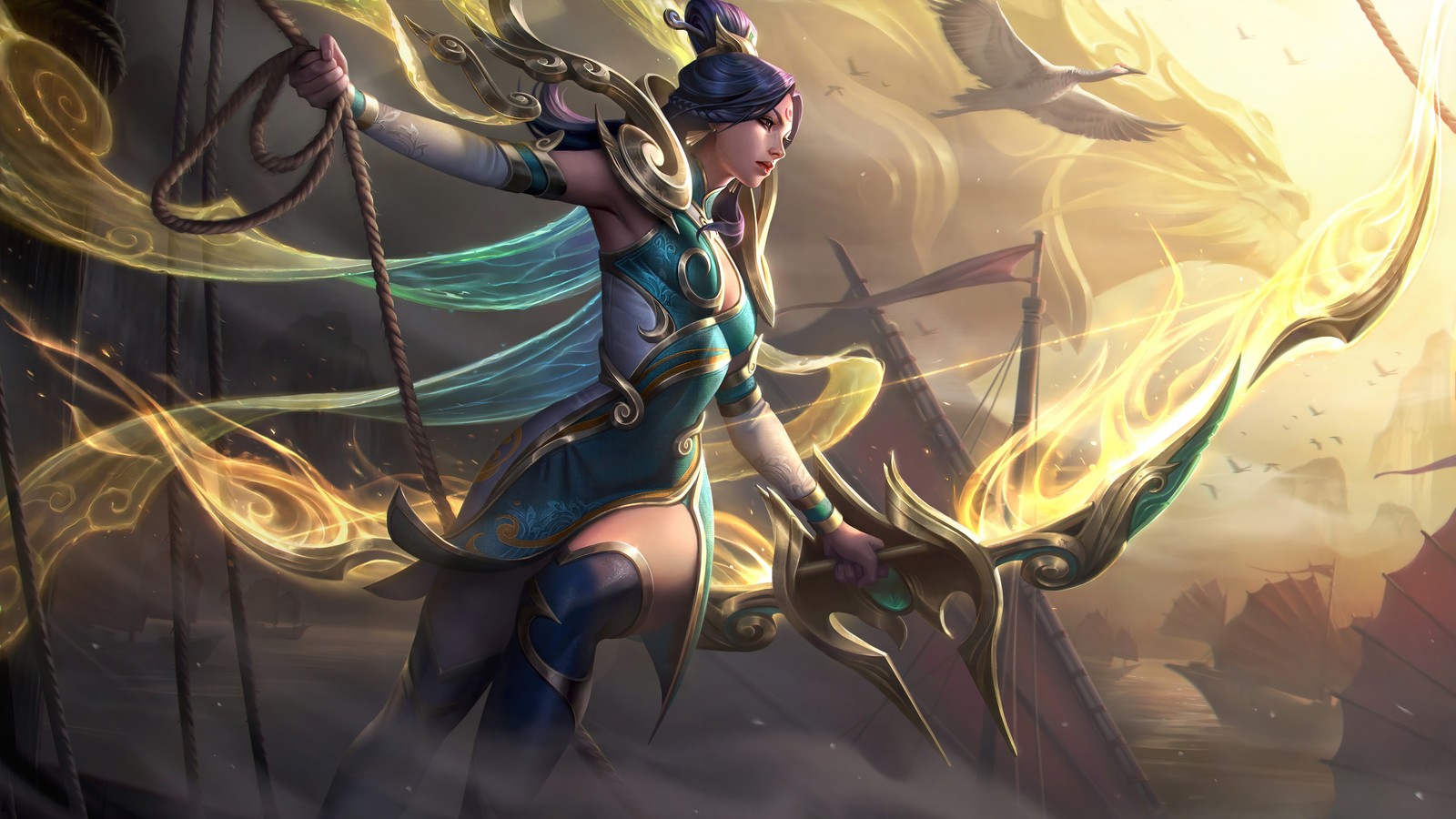 Uma mulher em um vestido azul segurando um arco e uma flecha (lunar, imperatriz, ashe, league of legends, lol)