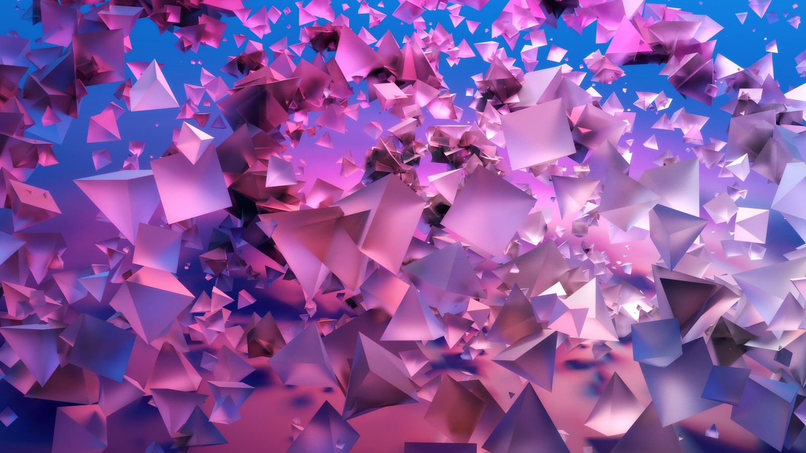 A close up of a bunch of purple and pink paper triangles (3d, pyramid, abstract, digital art)