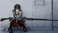 Anime Girl Sniper with Rifle in a Dimly Lit Setting