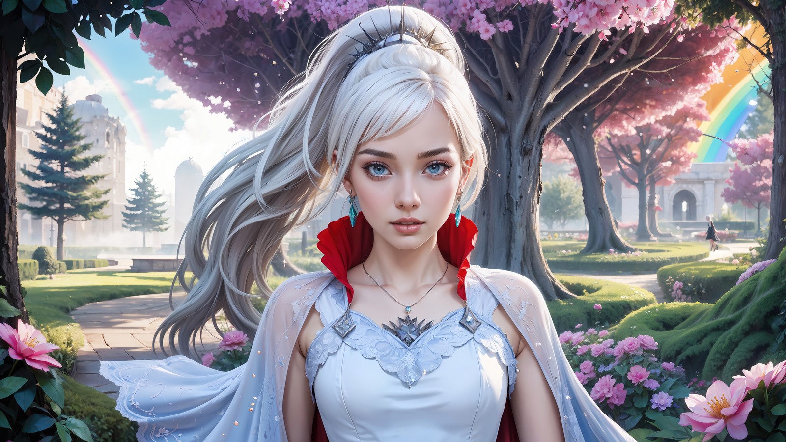 Una mujer con cabello largo y un vestido blanco de pie frente a un árbol (weiss schnee, rwby, arte de ia, ai art, 5k)