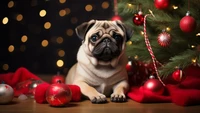 Adorable Pug rodeado de decoraciones navideñas