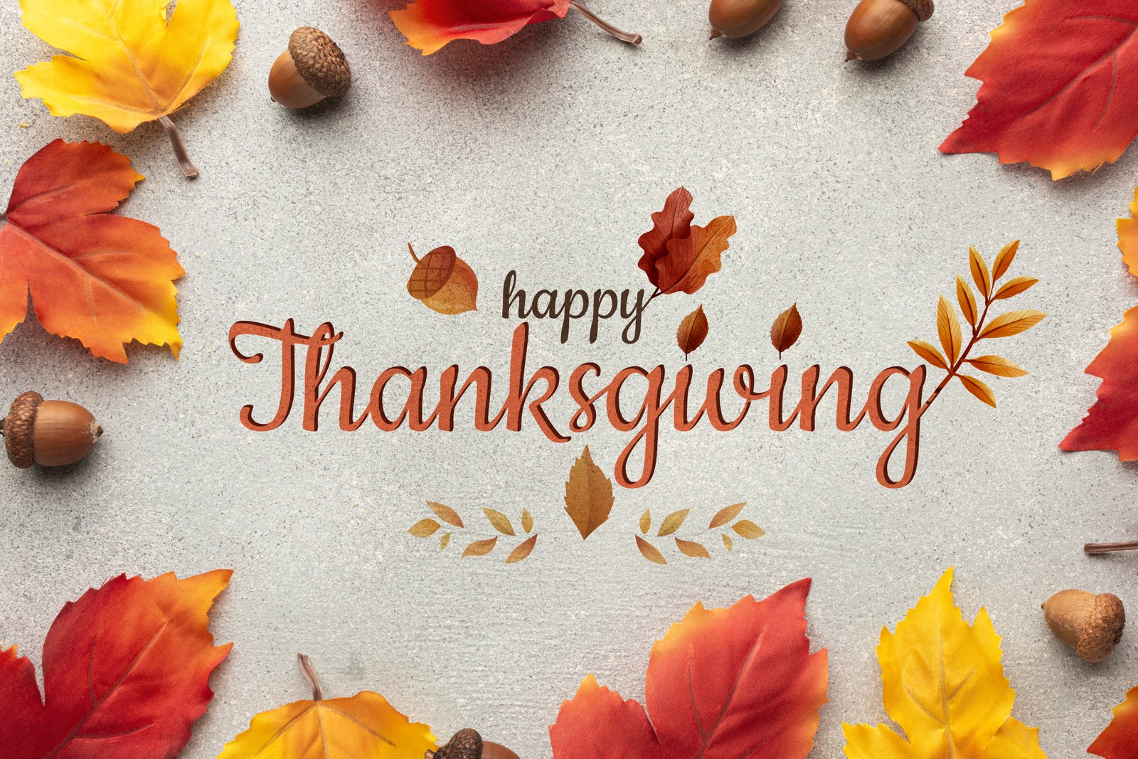 A close up of a thanksgiving card with leaves and acorns (happy thanksgiving, 5k, thanksgiving day, autumn leaves, stone background)