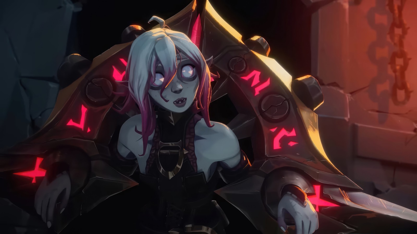 A woman with pink hair and a sword in a dark room (briar, league of legends, lol, video game)