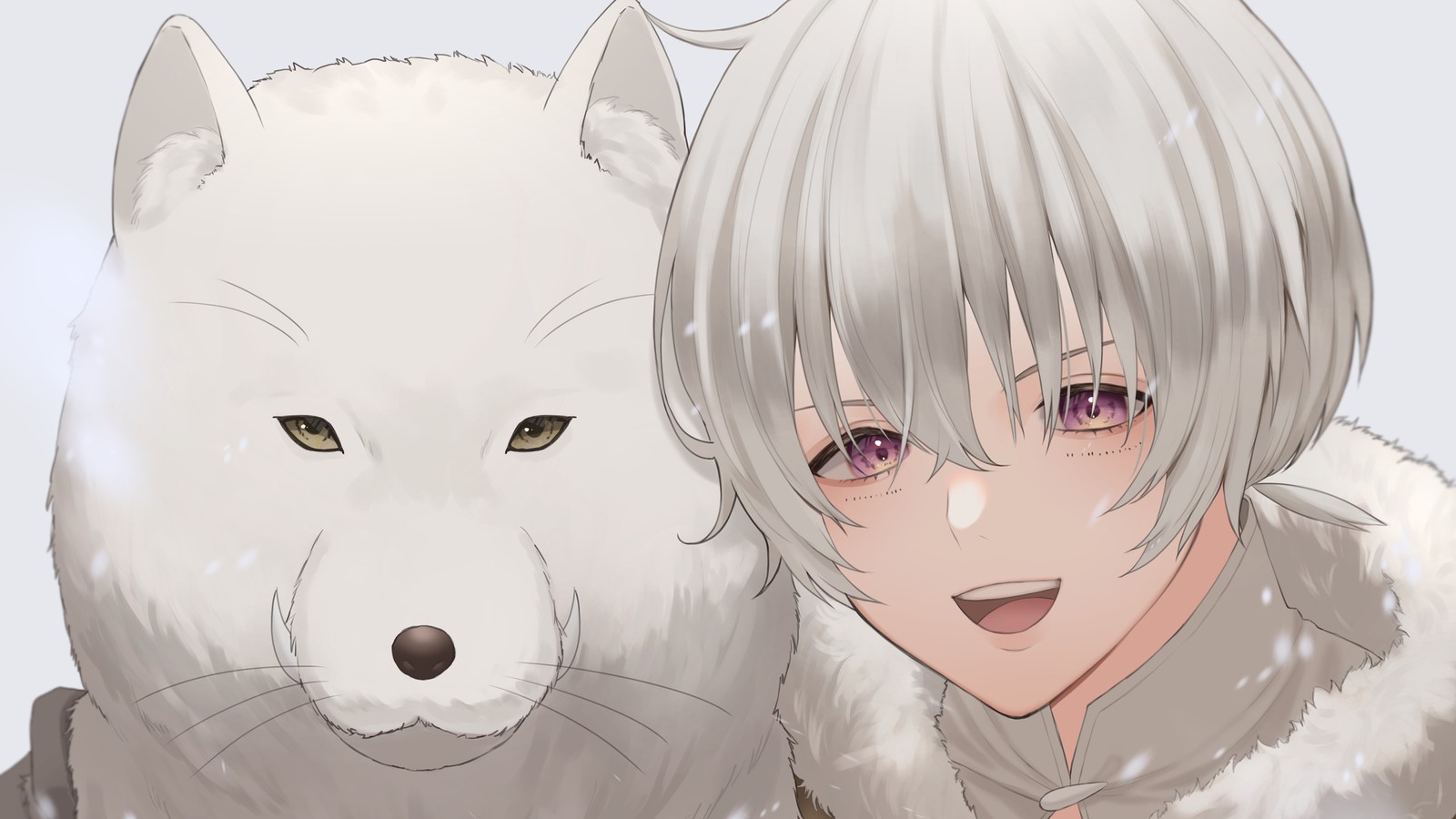 Menino de anime com cabelo branco e olhos roxos ao lado de um gato branco (para a sua eternidade, anime, 不滅のあなたへ, fumetsu no anata e, fushi)