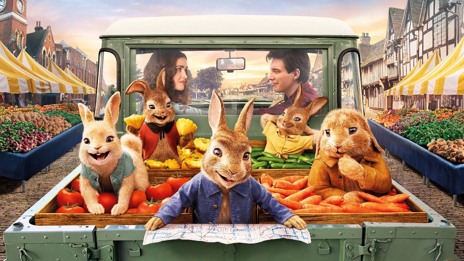 Un gros plan d'un camion avec des lapins à l'arrière (peter rabbit 2 la fuite, film, 2020, personnage, affiche)